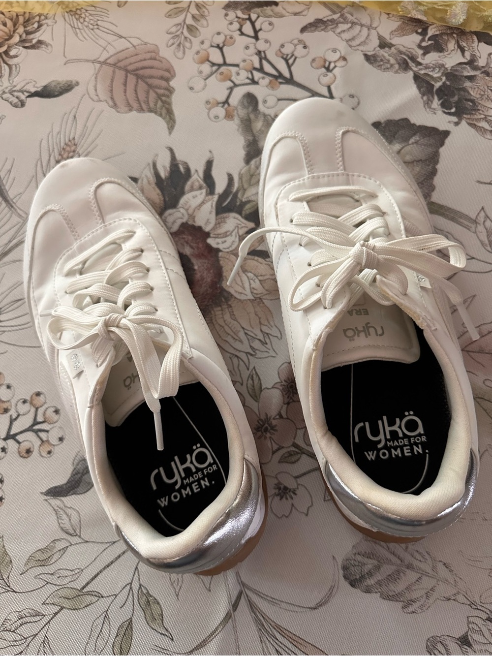 Ryka Women's White Sneakers with Silver Heel Accent